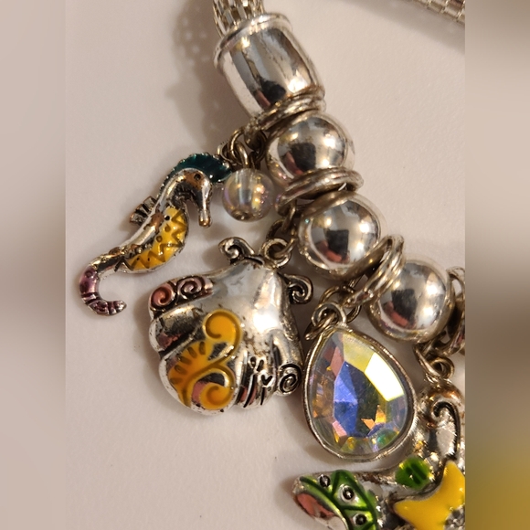 Sea ocean charm bracelet AB crystal starfish seahorse shells mesh stretch silver - Picture 3 of 11